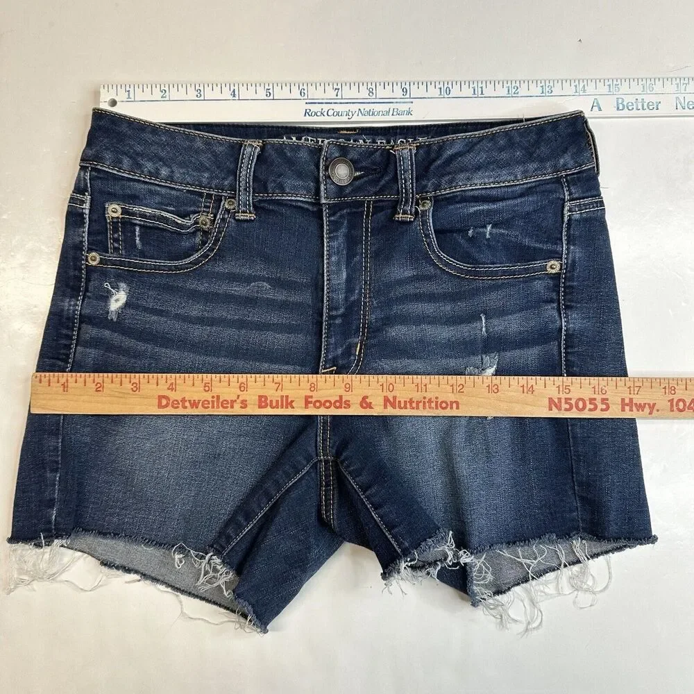 American Eagle Shorts Hi-Rise Shortie 8 Super Stretch Denim Blue Jean Distress